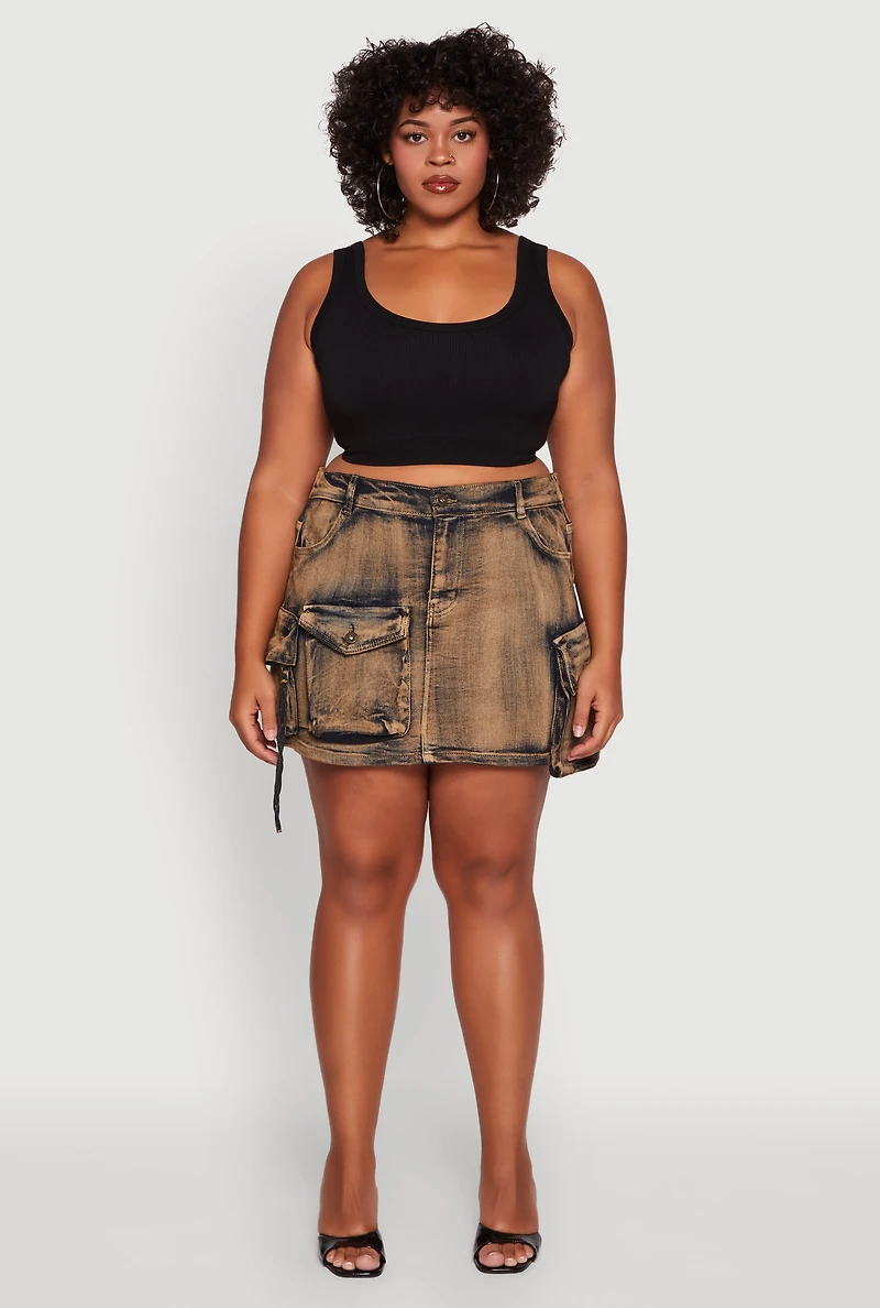 Womens Plus Acid Wash High Waisted Mini Denim Skirt, Multi,