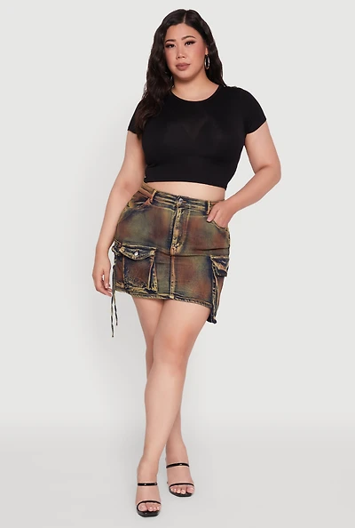 Womens Plus Daisy Acid Wash Cargo Pocket Denim Mini Skirt, Multi,