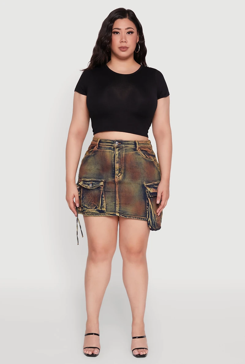 Womens Plus Size Daisy Acid Wash Cargo Pocket Denim Mini Skirt, Multi, Size 2X