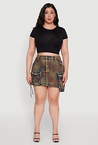 Womens Plus Daisy Acid Wash Cargo Pocket Denim Mini Skirt, Multi,