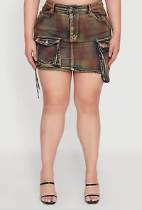 Womens Plus Daisy Acid Wash Cargo Pocket Denim Mini Skirt, Multi,