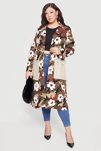 Plus Floral Camouflage Denim Open Front Trench Coat