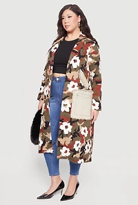 Plus Floral Camouflage Denim Open Front Trench Coat