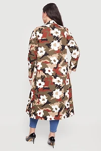 Plus Floral Camouflage Denim Open Front Trench Coat