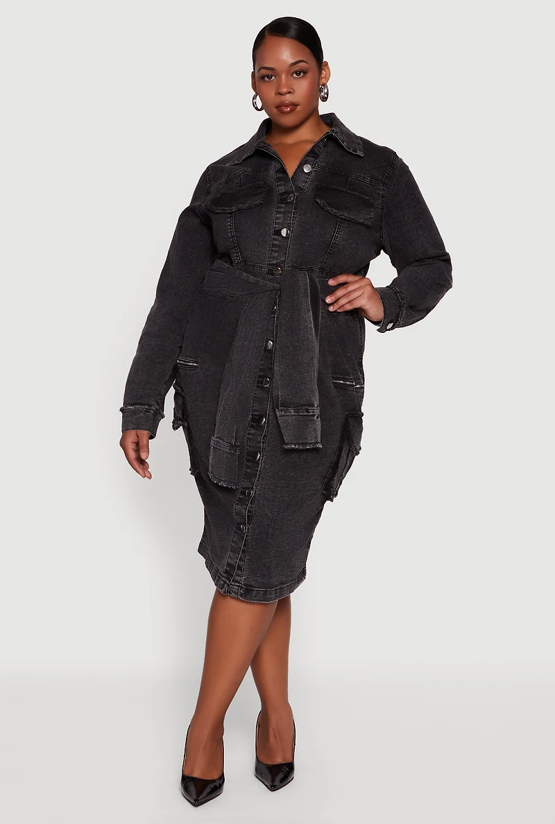 Womens Plus Size Denim Frayed Tie Front Shirt Dress, Black, Size 1X
