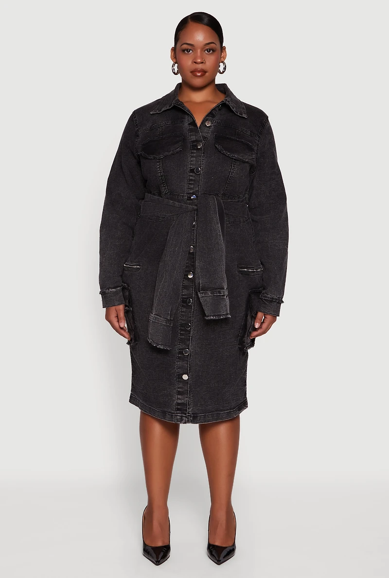 Womens Plus Size Denim Frayed Tie Front Shirt Dress, Black, Size 1X