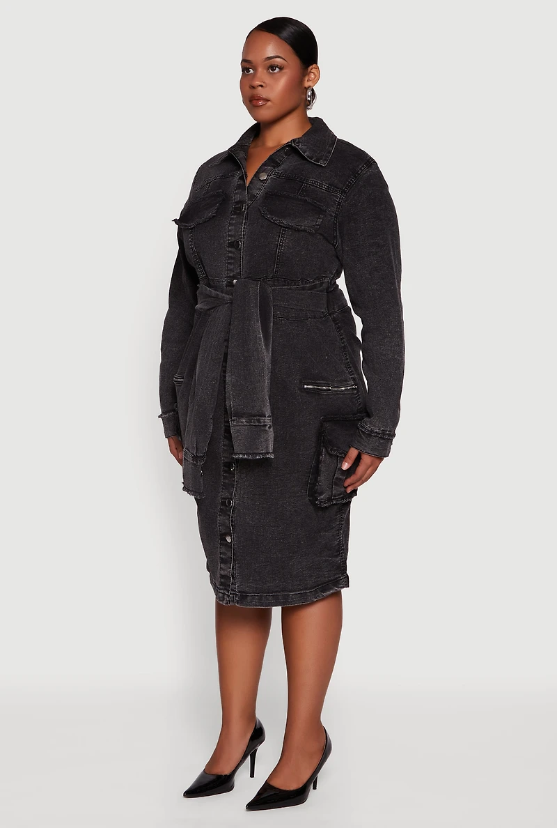 Womens Plus Size Denim Frayed Tie Front Shirt Dress, Black, Size 1X