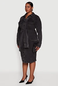 Womens Plus Size Denim Frayed Tie Front Shirt Dress, Black, Size 1X
