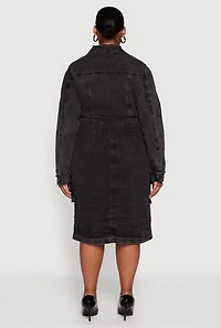 Womens Plus Size Denim Frayed Tie Front Shirt Dress, Black, Size 1X