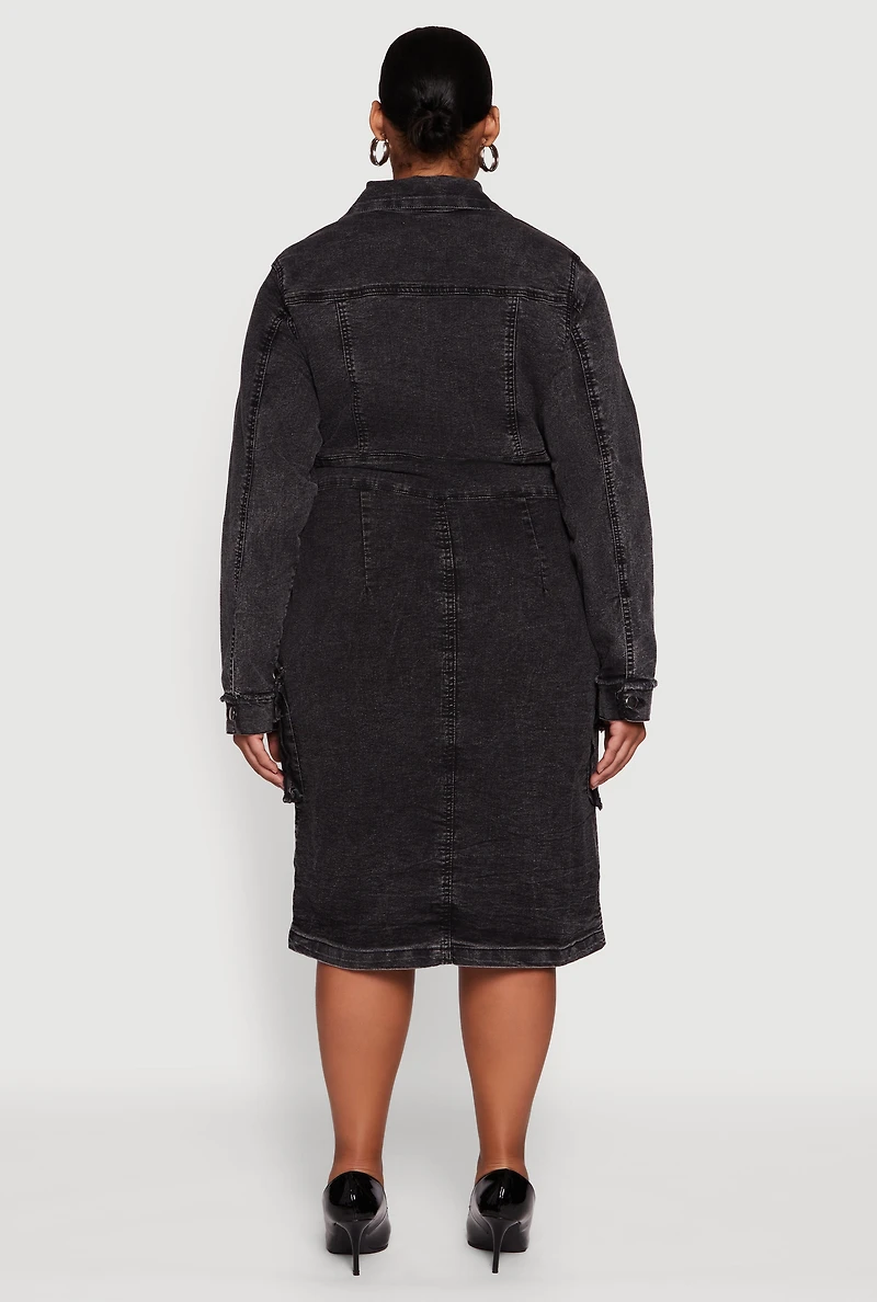 Womens Plus Size Denim Frayed Tie Front Shirt Dress, Black, Size 3X