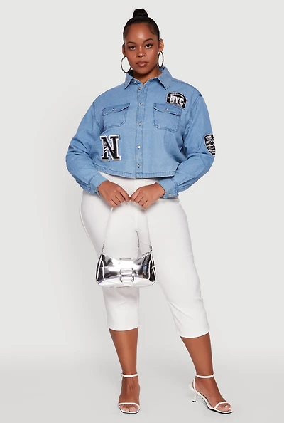 Womens Plus Size Chambray 1982 NYC Patch Graphic Cropped Shirt, Blue, Size 2X