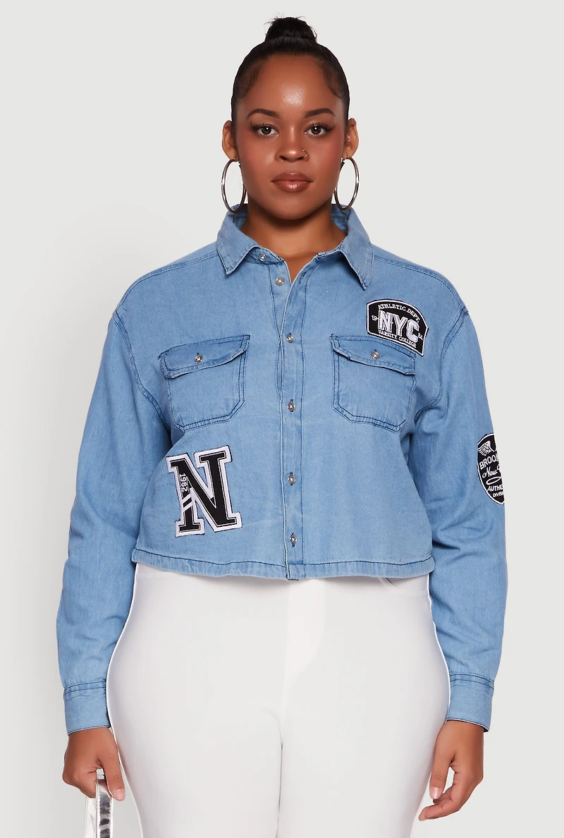 Womens Plus Size Chambray 1982 NYC Patch Graphic Cropped Shirt, Blue, Size 2X