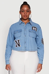 Womens Plus Size Chambray 1982 NYC Patch Graphic Cropped Shirt, Blue, Size 2X