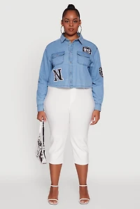 Womens Plus Size Chambray 1982 NYC Patch Graphic Cropped Shirt, Blue, Size 2X