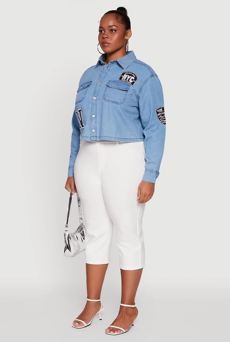 Womens Plus Size Chambray 1982 NYC Patch Graphic Cropped Shirt, Blue, Size 2X