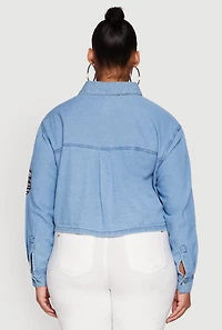Womens Plus Size Chambray 1982 NYC Patch Graphic Cropped Shirt, Blue, Size 2X