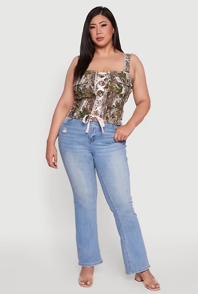 Womens Plus Size Hunter Camouflage Ribbon Lace-Up Front Top, Multi, Size 2X