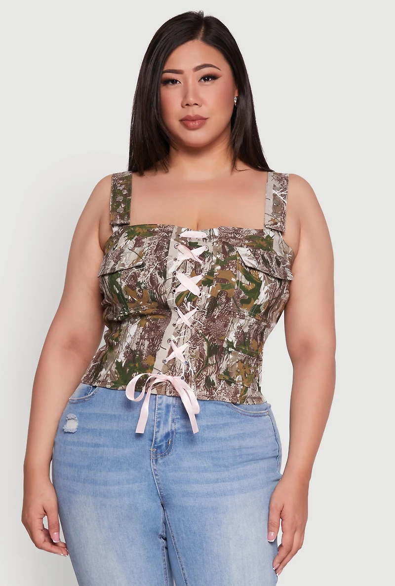 Womens Plus Size Hunter Camouflage Ribbon Lace-Up Front Top, Multi, Size 3X