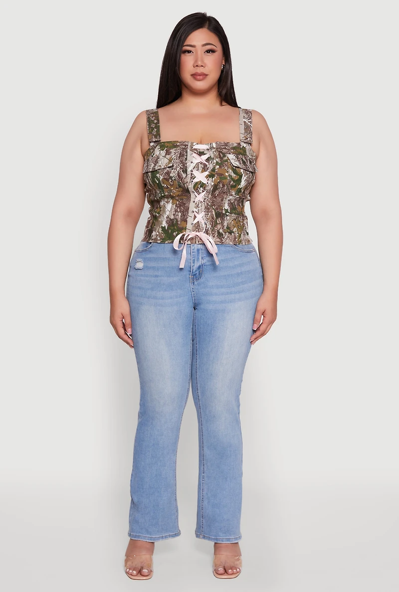 Womens Plus Size Hunter Camouflage Ribbon Lace-Up Front Top, Multi, Size 3X