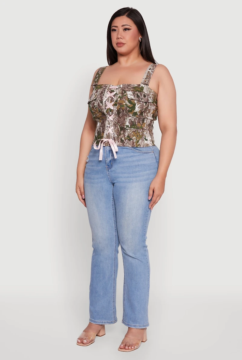 Womens Plus Size Hunter Camouflage Ribbon Lace-Up Front Top, Multi, Size 3X