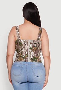 Womens Plus Size Hunter Camouflage Ribbon Lace-Up Front Top, Multi, Size 1X