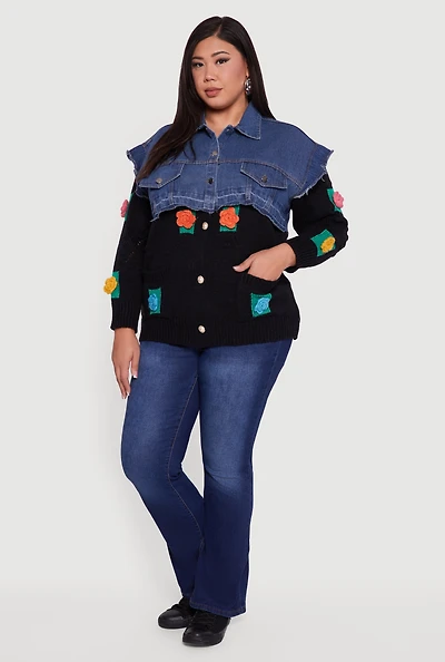 Womens Plus Size Crochet Flower Layered Sweater Denim Jacket, Multi, Size 2X