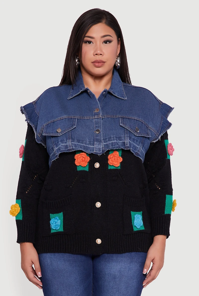 Womens Plus Size Crochet Flower Layered Sweater Denim Jacket, Multi, Size 2X