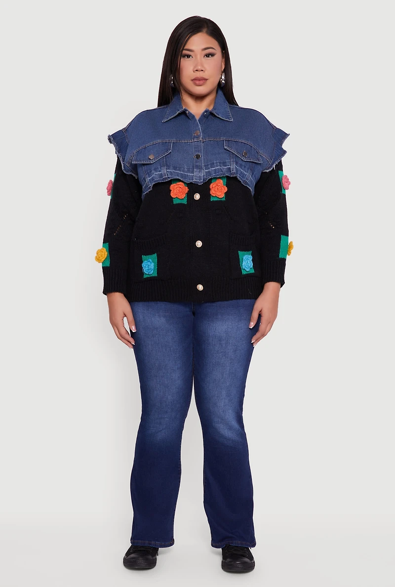 Womens Plus Size Crochet Flower Layered Sweater Denim Jacket, Multi, Size 2X