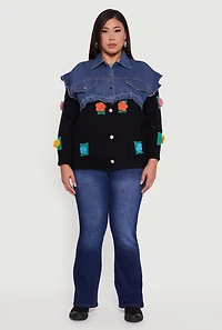 Womens Plus Size Crochet Flower Layered Sweater Denim Jacket, Multi, Size 2X