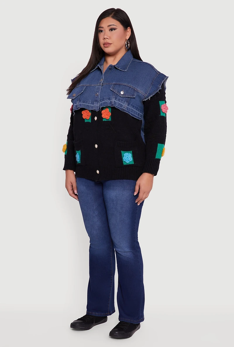 Womens Plus Size Crochet Flower Layered Sweater Denim Jacket, Multi, Size 2X