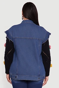 Womens Plus Size Crochet Flower Layered Sweater Denim Jacket, Multi, Size 2X