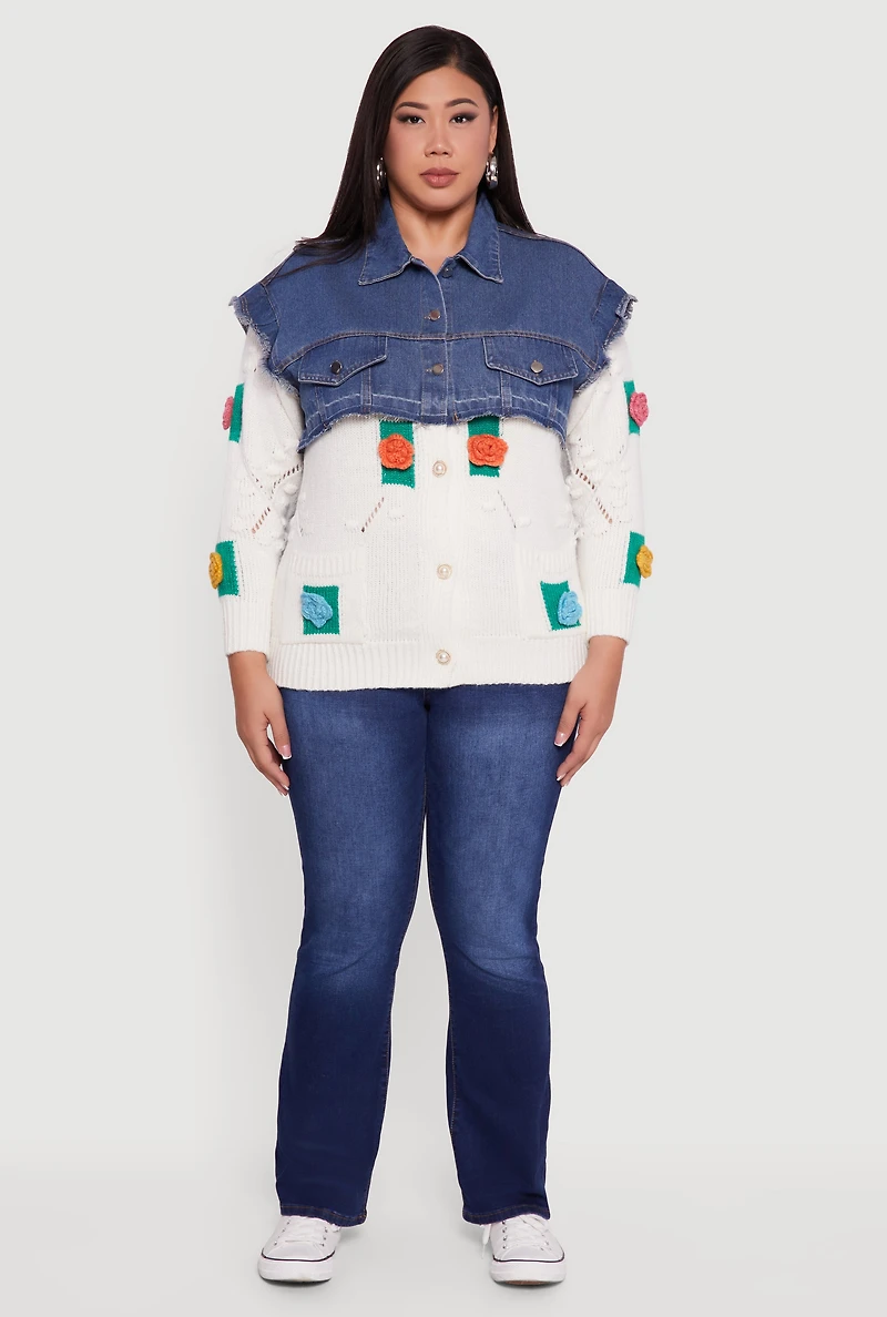 Womens Plus Size Crochet Flower Layered Sweater Denim Jacket, Multi, Size 1X