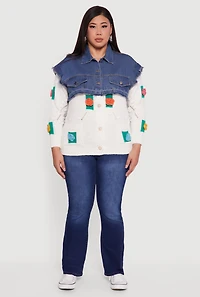 Womens Plus Size Crochet Flower Layered Sweater Denim Jacket, Multi, Size 1X