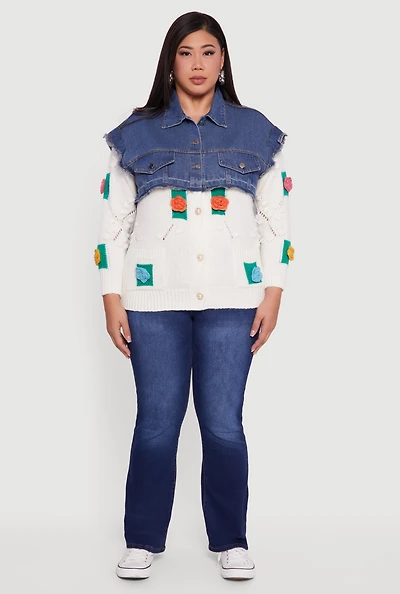 Womens Plus Size Crochet Flower Layered Sweater Denim Jacket, Multi, Size 1X