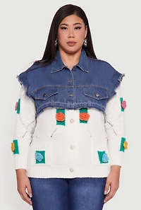 Womens Plus Size Crochet Flower Layered Sweater Denim Jacket, Multi, Size 1X