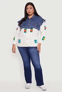 Womens Plus Size Crochet Flower Layered Sweater Denim Jacket, Multi, Size 1X