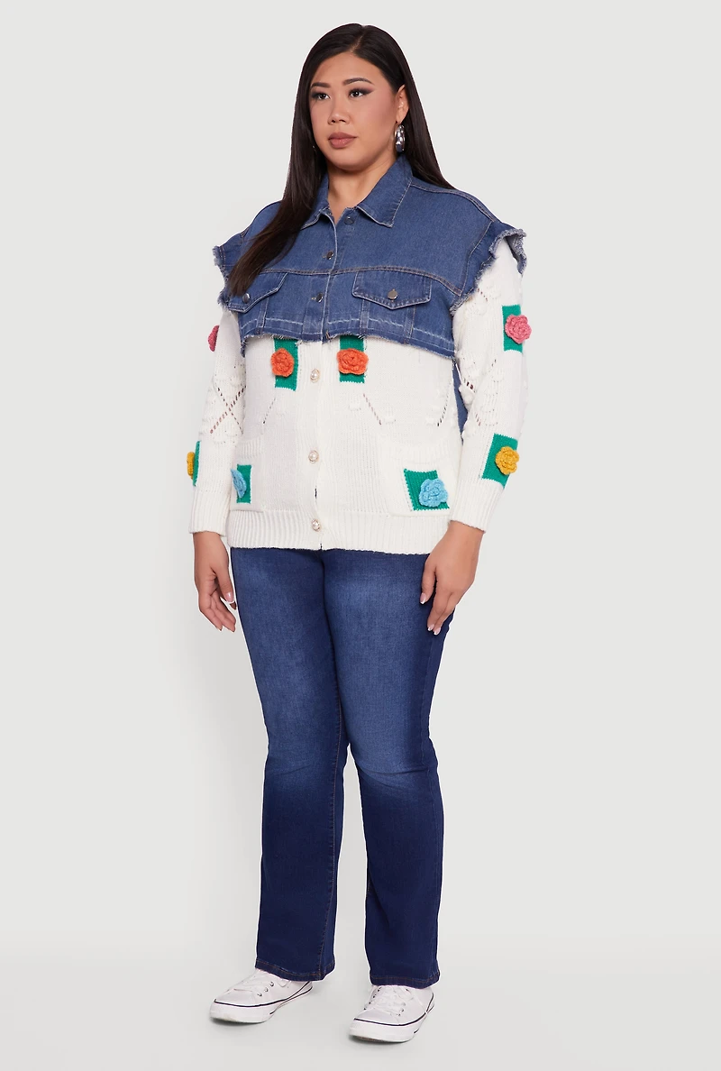 Womens Plus Size Crochet Flower Layered Sweater Denim Jacket, Multi, Size 1X