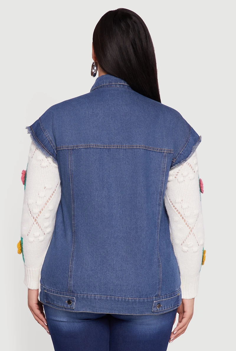 Womens Plus Size Crochet Flower Layered Sweater Denim Jacket, Multi, Size 1X