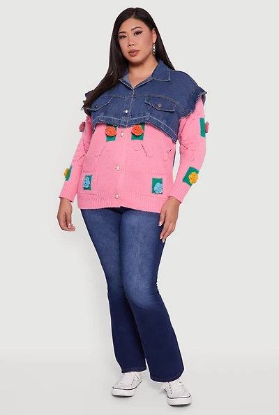 Womens Plus Size Crochet Flower Layered Sweater Denim Jacket, Pink, Size 1X