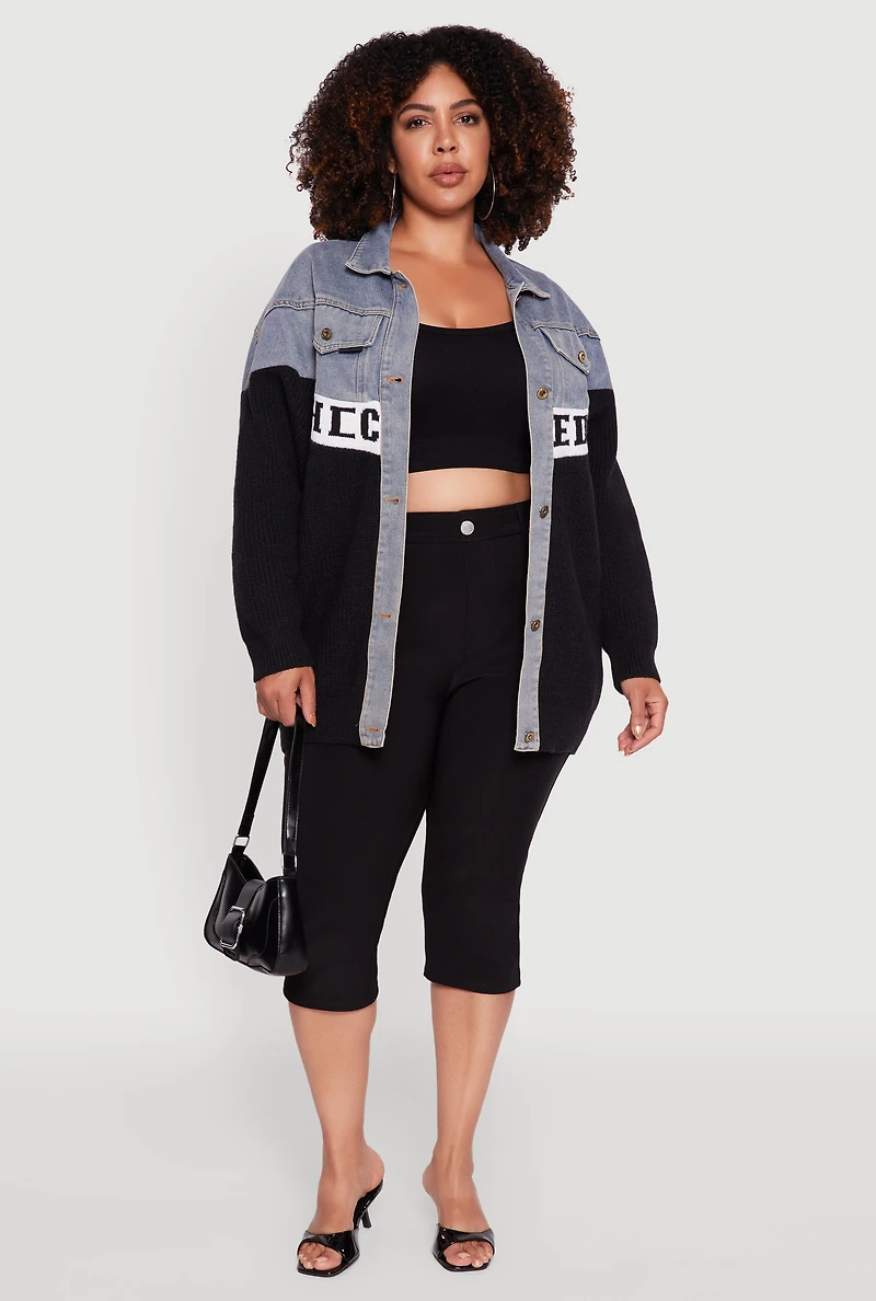 Womens Plus Color Block Chic Graphic Knit Denim Jacket, Multi,