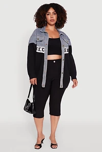 Womens Plus Color Block Chic Graphic Knit Denim Jacket, Multi,