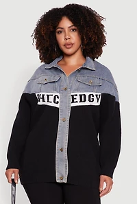 Womens Plus Color Block Chic Graphic Knit Denim Jacket, Multi,