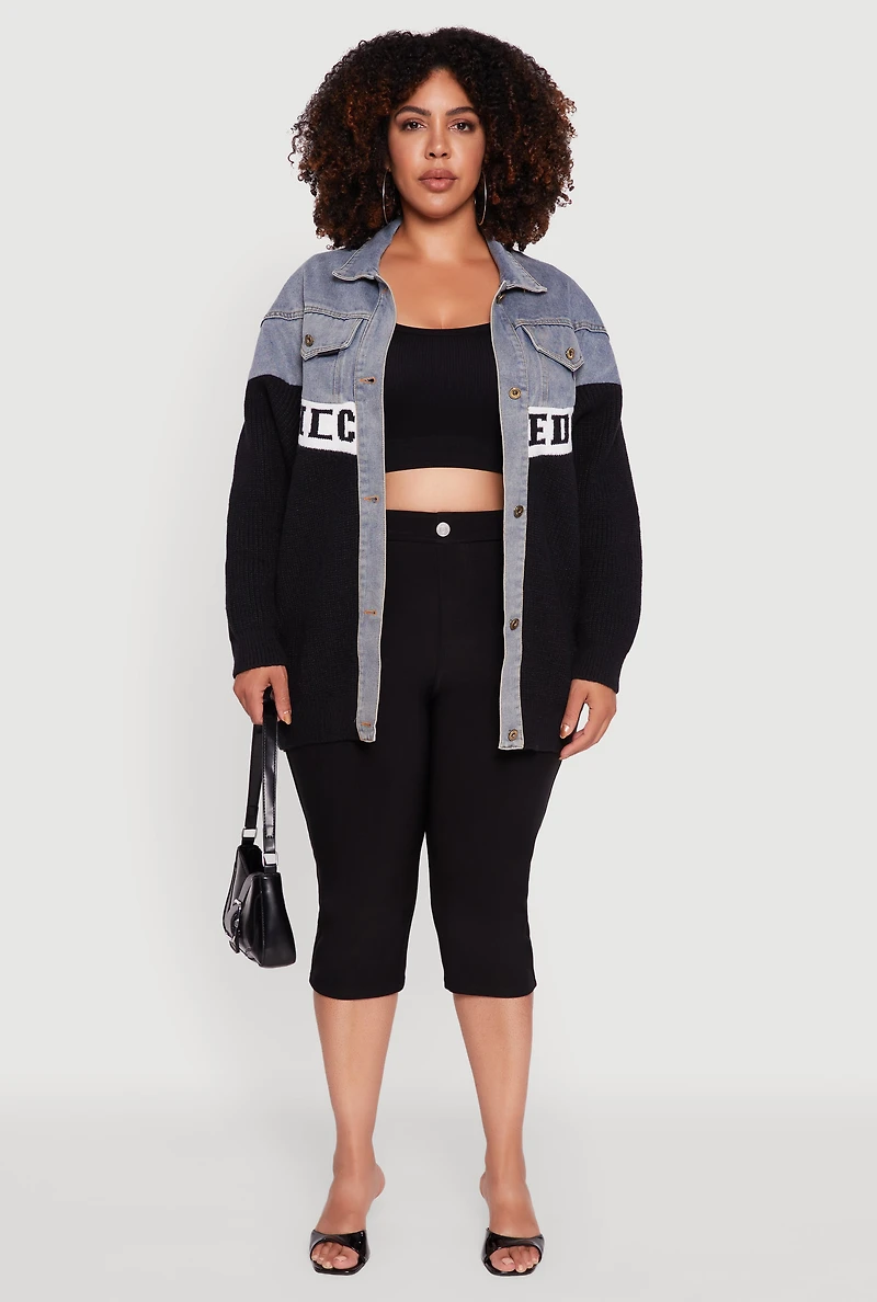 Womens Plus Color Block Chic Graphic Knit Denim Jacket, Multi,
