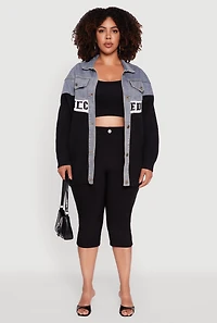 Womens Plus Color Block Chic Graphic Knit Denim Jacket, Multi,