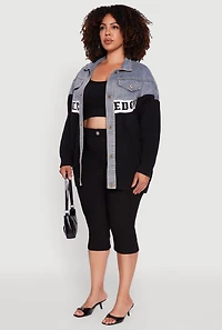 Womens Plus Color Block Chic Graphic Knit Denim Jacket, Multi,