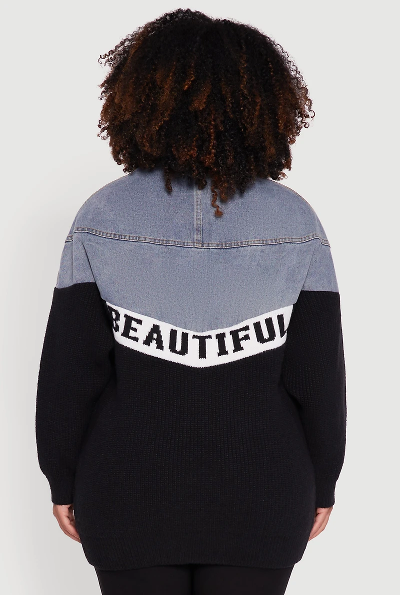 Womens Plus Color Block Chic Graphic Knit Denim Jacket, Multi,