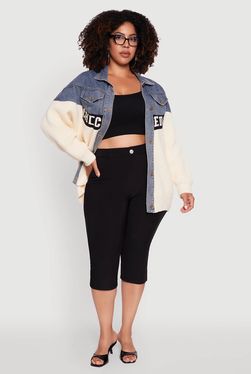 Womens Plus Color Block Chic Graphic Knit Denim Jacket, Multi,
