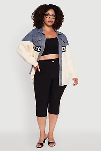Womens Plus Color Block Chic Graphic Knit Denim Jacket, Multi,