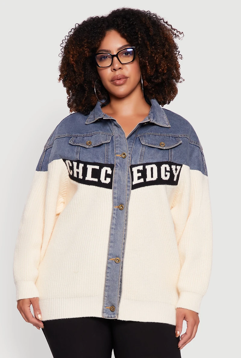 Womens Plus Color Block Chic Graphic Knit Denim Jacket, Multi,