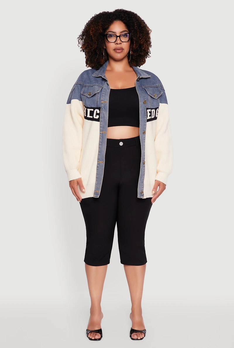 Womens Plus Color Block Chic Graphic Knit Denim Jacket, Multi,